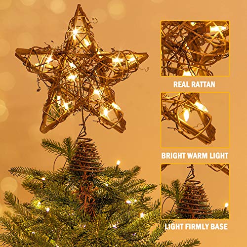 Rocinha Rustic Christmas Tree Topper Star With 15 Led Lights Vintage Rattan Christmas Toppers For Trees Christmas Star Tree Topper For Christmas Tree Decorations (Warm White Lights) #TOP2