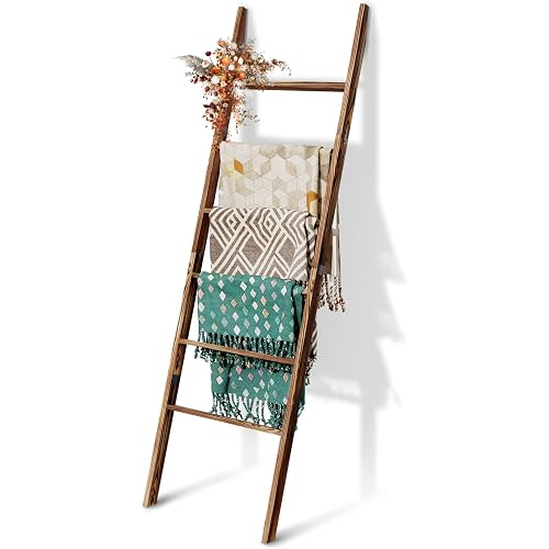 6-Tier Blanket Ladder Wooden, 5.7FT(66.5'') Blanket Quilt Towel Holder Rack Decorative Ladder, Easy Assembly, Rustic Farmhouse Ladder Shelf for The Living Room Bedroom Bathroom Home Decor, Brown