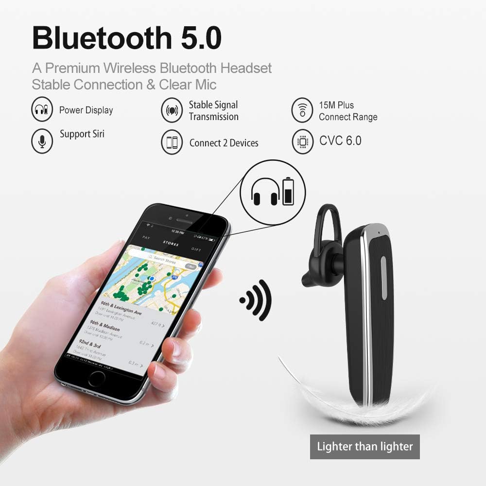 Bluetooth Earpiece for Cell Phone Link Dream Hands Free Bluetooth Headset with Mic 22Hrs Talk time Earpiece Compatible with iPhone Samsung Android Mobile Phones, Driver Trucker (Black)
