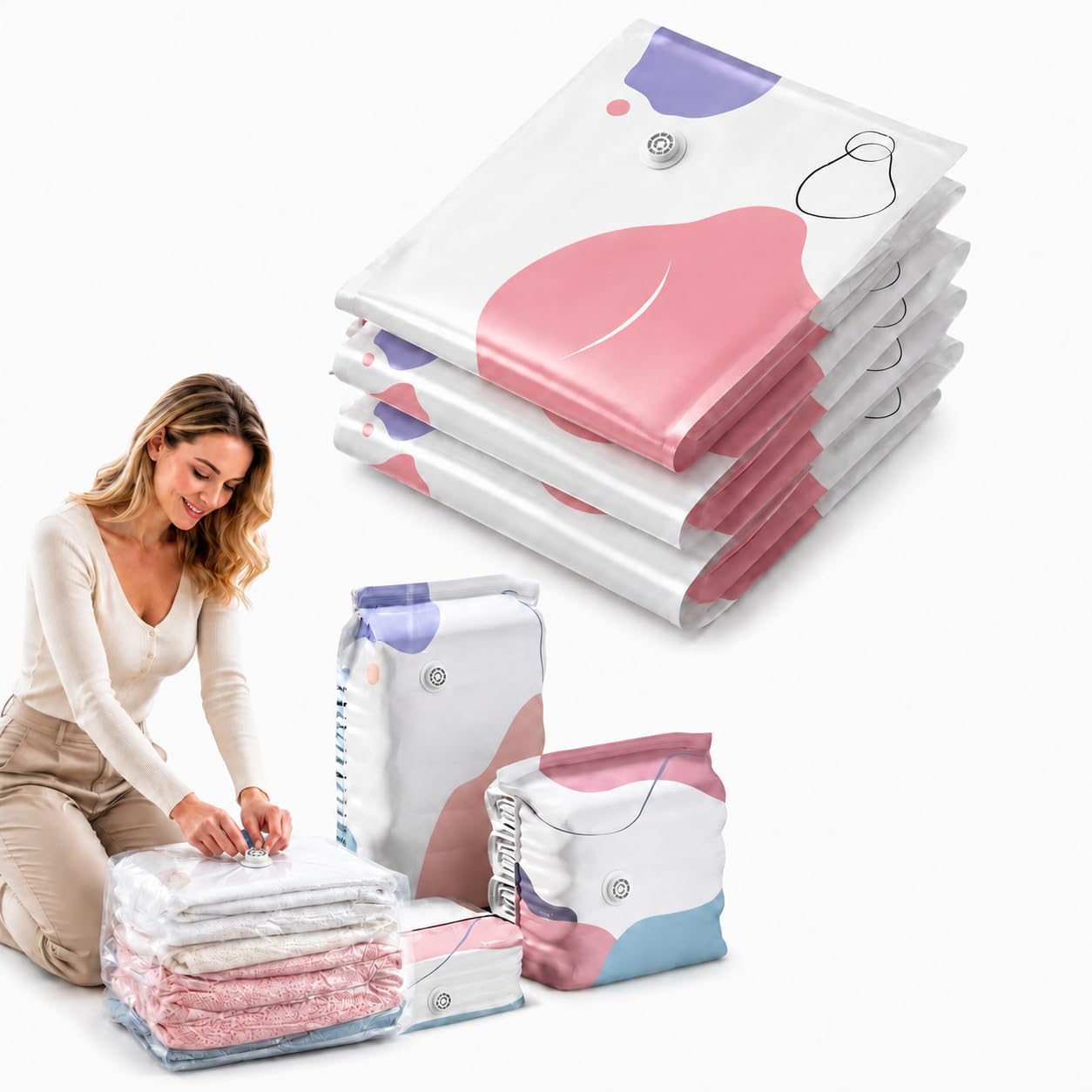 3 Pack No Pump Vacuum Storage Bags, Large 3D Cube Space Saver Bags | Press out air with no pump; roomy 3D cube bags organize clothes, comforters and blankets for closets, travel or moving.