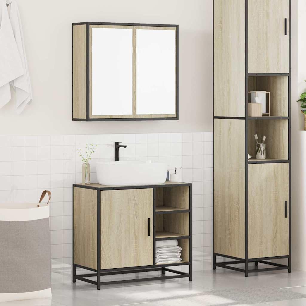 2-częściowy zestaw mebli łazienkowych, dąb Sonoma, materiał drewnopochodny z szafką pod umywalkę i szafką z lustrem 65 x 60 x 33 cm, miejsce do przechowywania dla gości, WC i łazienki, wiszące