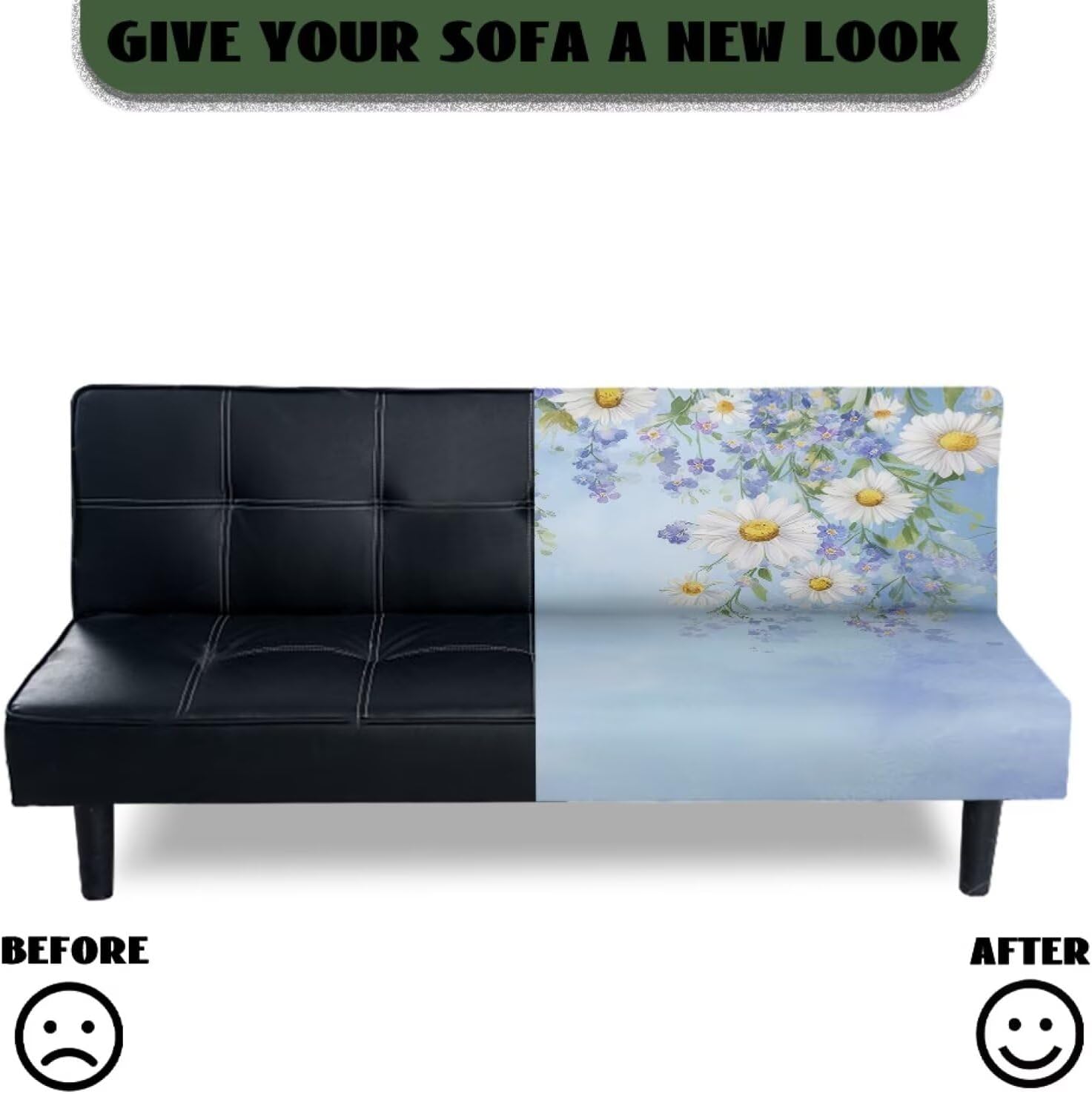 Futon Cover with Elastic Bottom Armless Sofa Covers Non Slip Washable Couch Slipcover Scratch-Resistant Futon Sofa Slipcover for Dogs Cats, Daisy Floral Blue