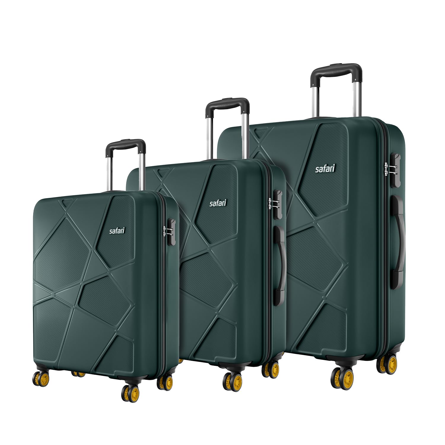 Safari Pentagon Pro 8 Wheels Set of 3 (Cabin + Medium + Large) Trolley Bags, Hard Case Polypropylene, 360º Wheeling Suitcase/Luggage for Travel, Dusk Green| Spinner Wheel