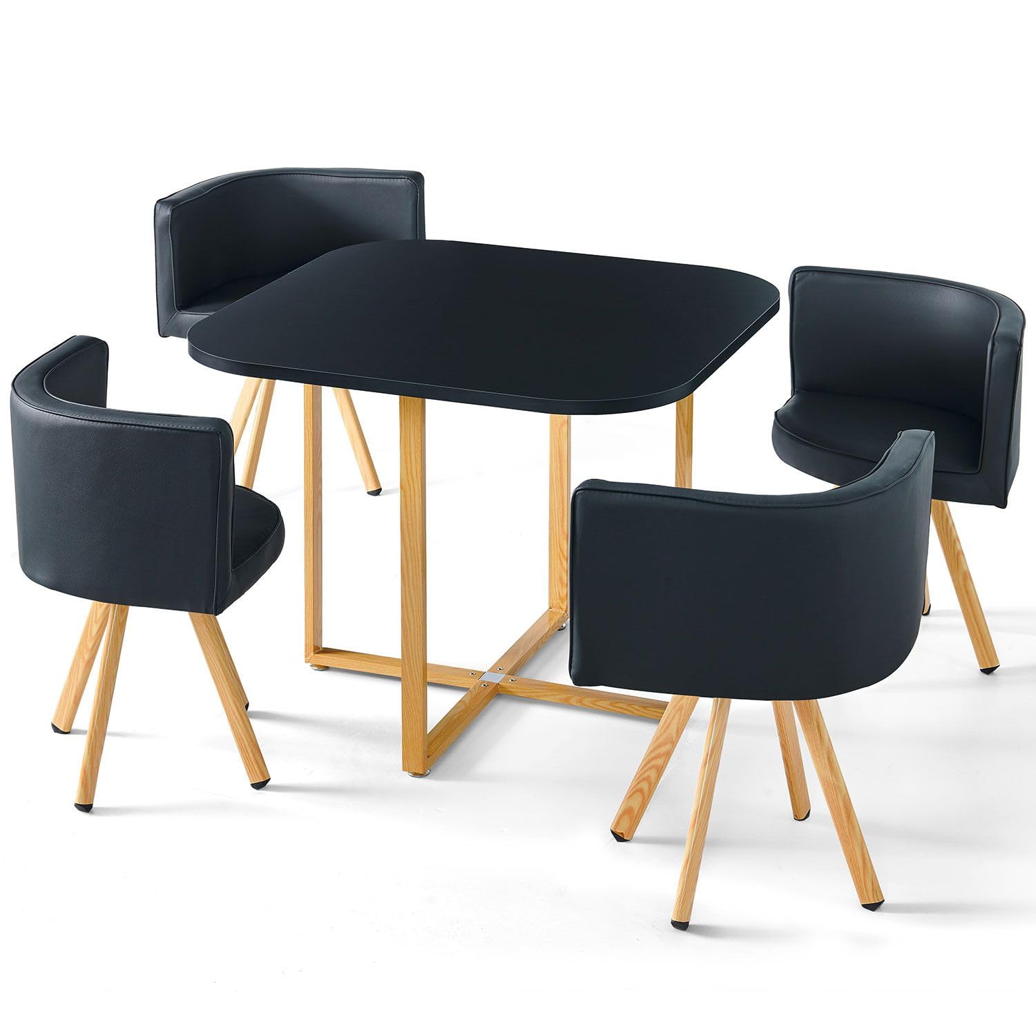 Menzzo Table A Manger Scandinave Oslo avec Chaises Encastrable Revêtement Simili Noir - Pieds Métal Couleur Bois, Assise Moelleuse et Confortable - L90 x P90 x H75 cm