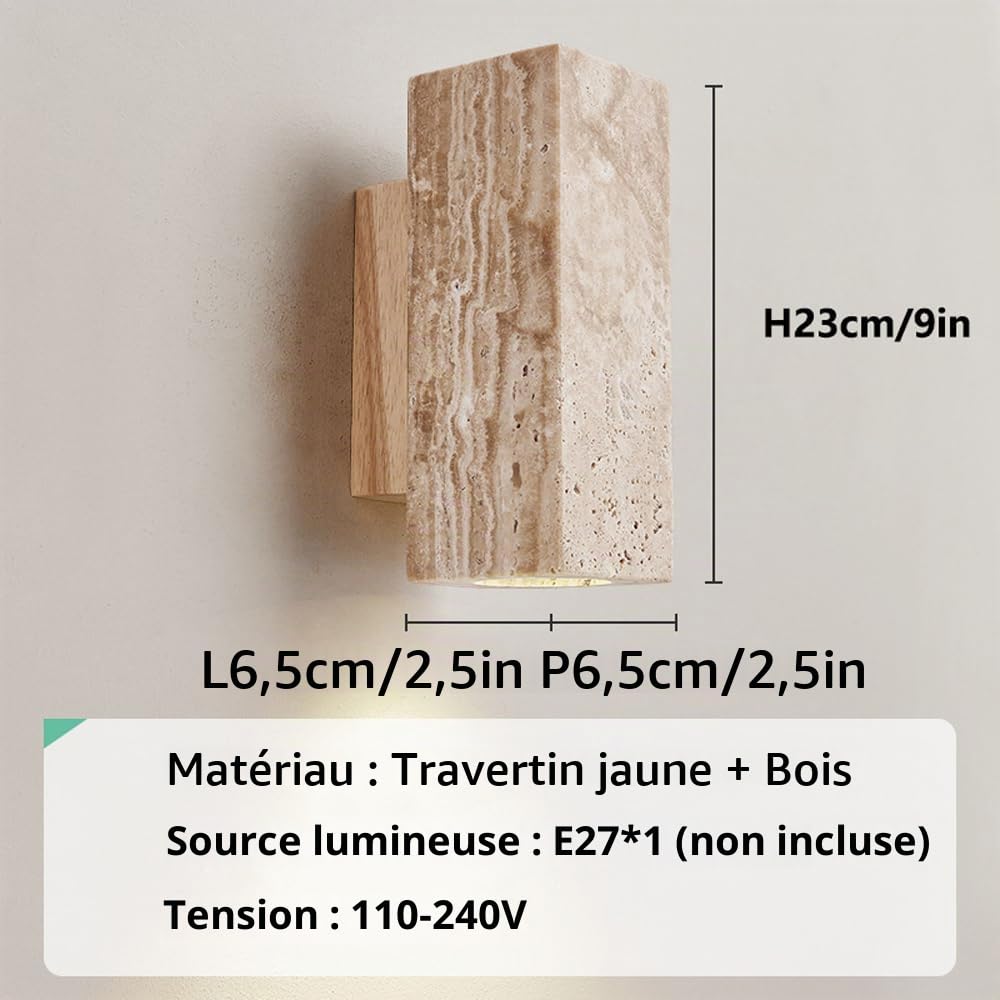 Applique carrée en pierre de travertin jaune E27/E26, luminaires muraux de style Wabi Sabi pour salon, lampe murale à base de grain de bois transparent pour espaces de vie, chambres à coucher,