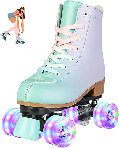 jessie Roller Skates Women, PU Leather Flash Women Roller Skates, Fantasy Adjustable Purple Green Four-Wheel Beginner Adult Roller Skates Girl