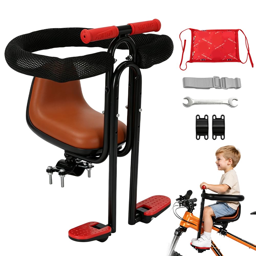 Siege Velo Enfant Avant, Confortable Siège De Vélo pour Enfant, Grille Protection Intégrale Réglable Siege Bebe Velo, Siège Bébé Avant VTT & Vélos Pliants, Marron