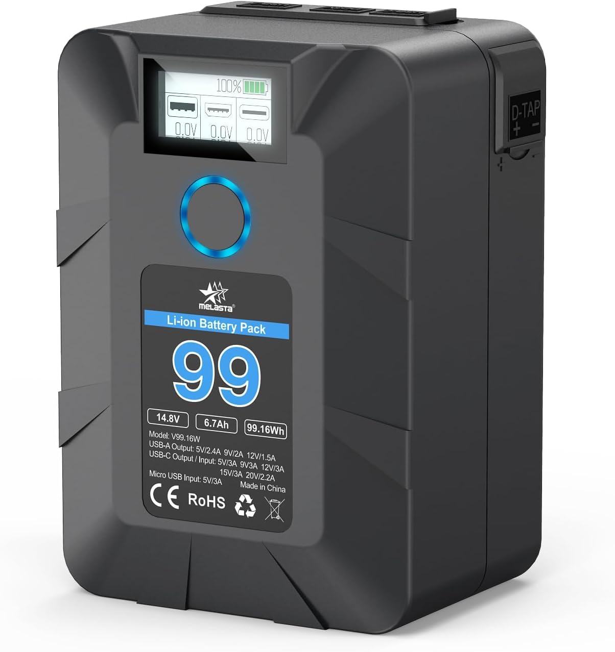 melasta Mini V Mount Akku Batterie 99Wh 6700mAh 14.5V, V Mount Akku mit PD 45W USB-C Schnellladung, mit D-TAP, USB-A, OLED-Bildschirm, für Kamera, Camcorder, Videoleuchte
