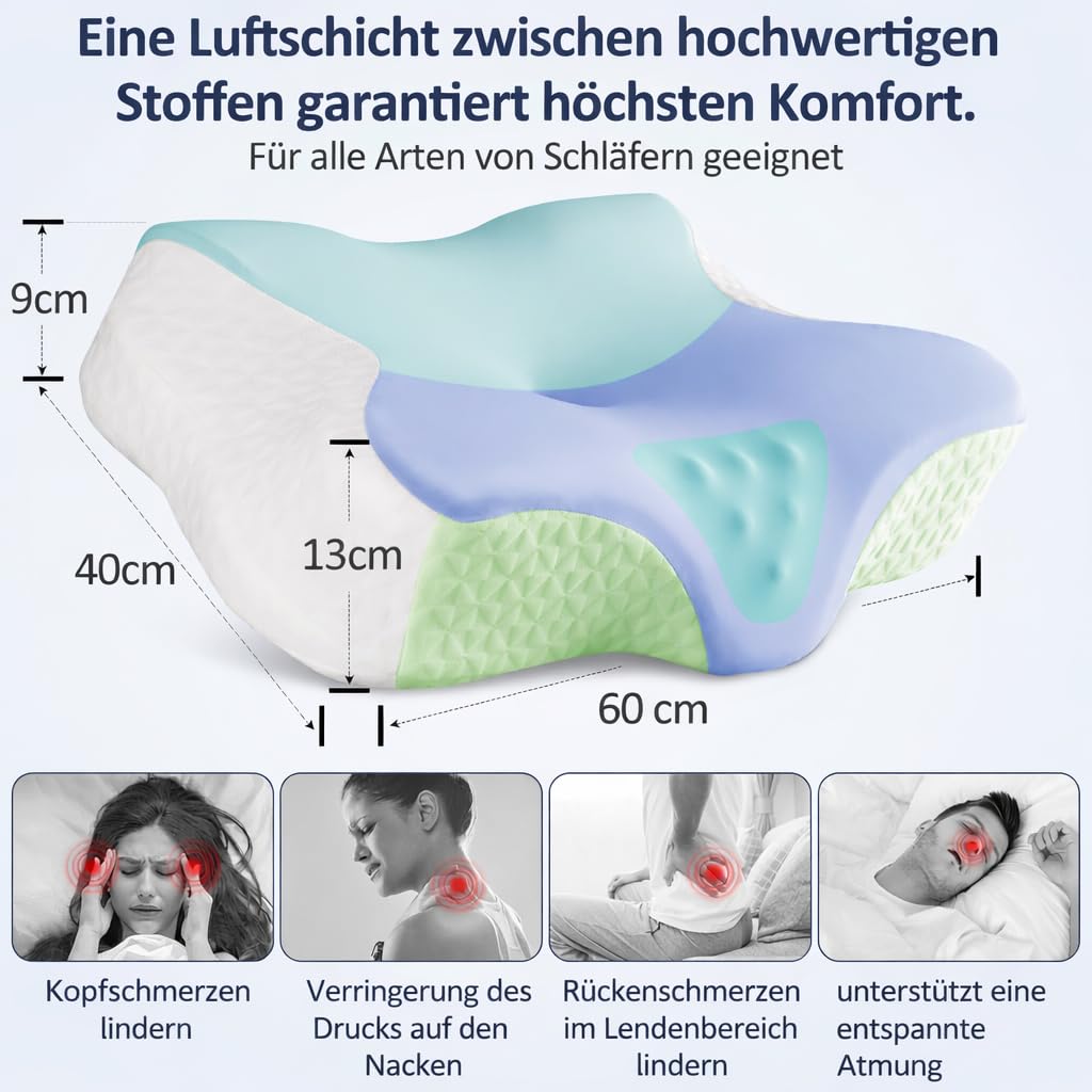 Howjoe Coussin orthopédique pour la nuque, ergonomique, en mousse à mémoire de forme, motif papillon, pour dormir sur le côté, le dos et le ventre, avec housse rafraîchissante lavable, dimensions 60 x