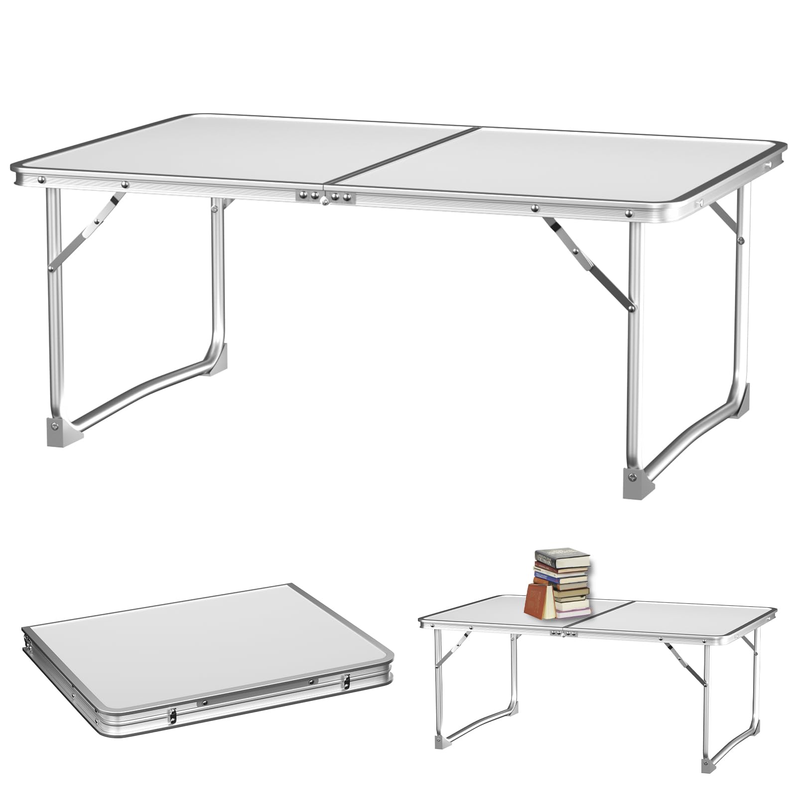 Small Folding Tables, Lap Standing Desk Aluminum Picnic Table, 2ft Laptop Bed Table with Carrying Handle, Lightweight for Picnic, Barbecue, Fishing, Beach, Outdoor, Indoor, L60 x W40 x H26 cm, White