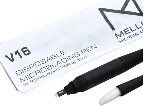 مجموعة أقلام الحواجب M Mellies Signature Microblading المكونة من 10 قطع - قلم Microblading للاستخدام مرة واحدة بشفرة معقمة ومقبض مطاطي مريح وإسفنجة صبغية لهاتف Bro V16 الخالي من العيوب مقاس 18 مم، أسود