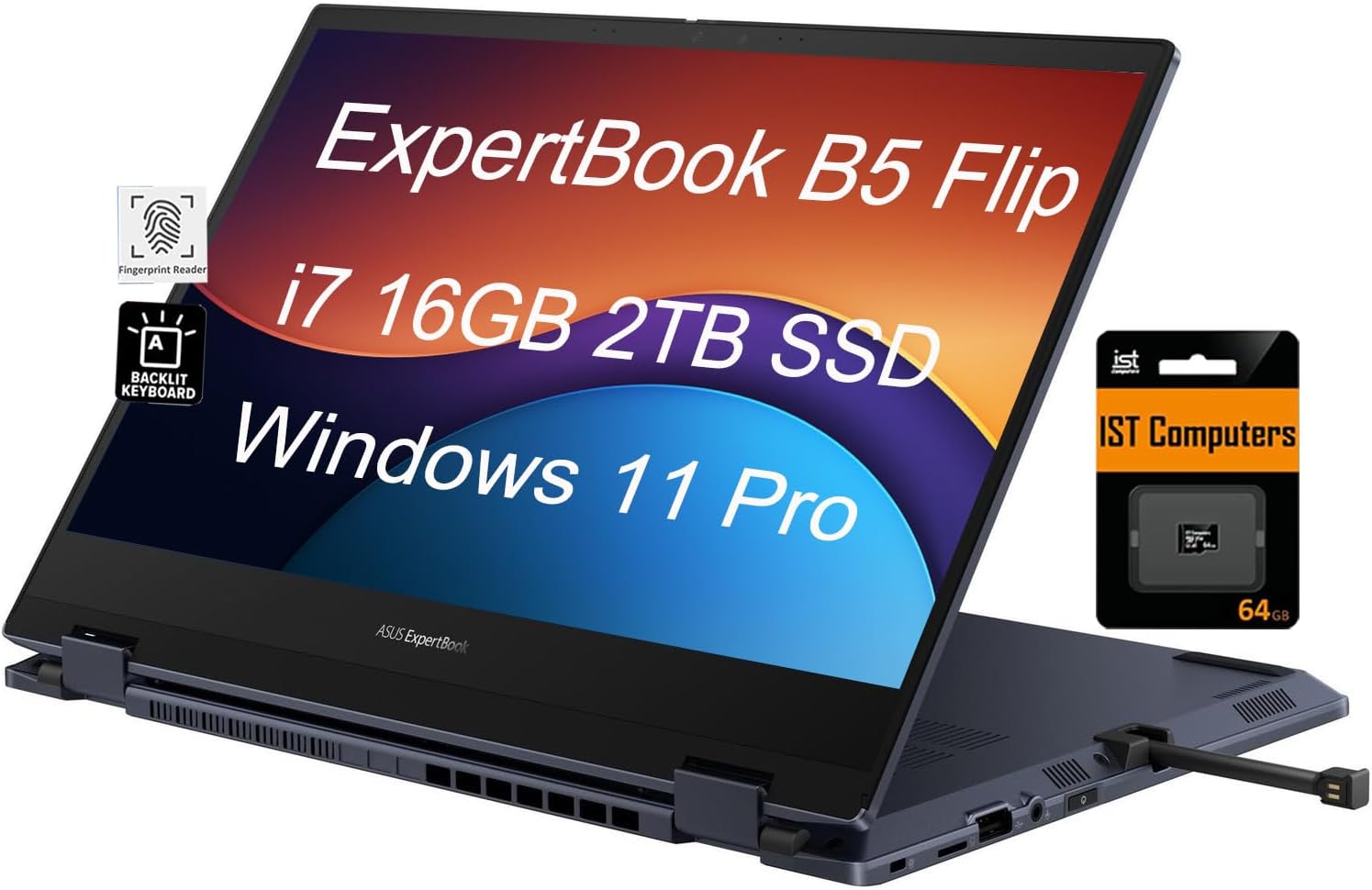 ASUS ExpertBook B5 Flip 2-in-1 laptop (14″ FHD Touchscreen, Intel 4-Core i7-1195G7, 16GB RAM, 2TB SSD), Fingerprint, Backlit KB, Webcam, 3-Year Warranty, Garaged stylus, IST SD Card, Win 11 Pro, Black