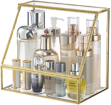 YUEHUA Makeup Organizer Glass Makeup Holder Bathroom Countertop Vanity Cosmetic Organizer for Lipsticks Skincare Toner Storage