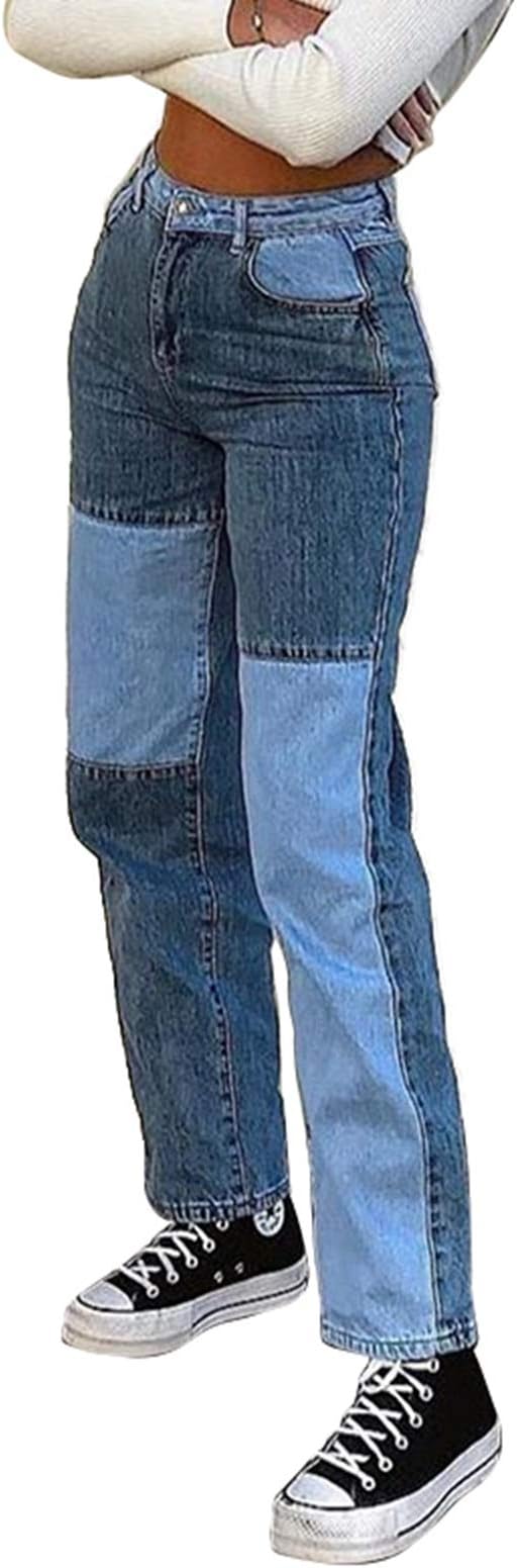 SHATAN Lappenbroek met hoge taille, rechte distressed denim jeans, modieuze  A-lijn strakke vintage broek : Amazon.nl: Babyproducten