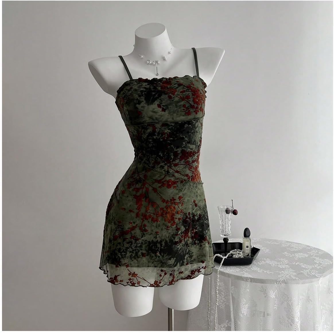 Women's Floral Cami Dress Goth Mini Dress Retro Vintage Mesh Fitted Bodycon Mini Dresses - Image 5