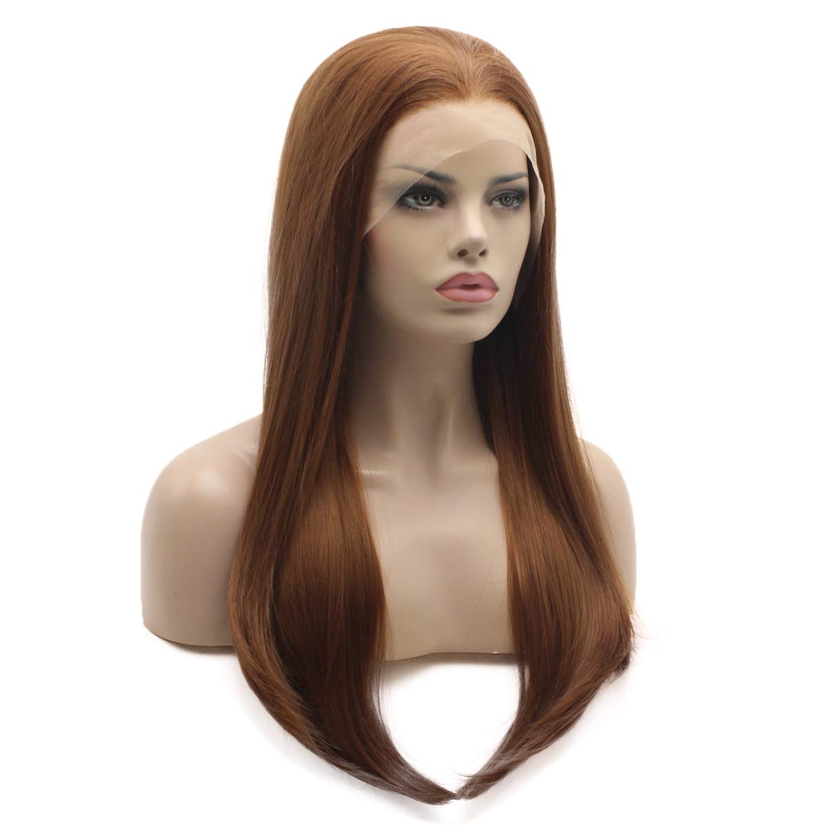 Lushy Straight Long 24inch Dark Brown Half Hand Tied Heat Resistant Heavy Density Realistic Synthetic Lace Front Wig