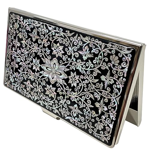 Image of Mother of Pearl Business Card Case Credit Id Name Holder Travel Wallet Art Painting Design Metal Stainless Steel Engraved Slim Purse Pocket Cash Money Wallet (Arabesque)