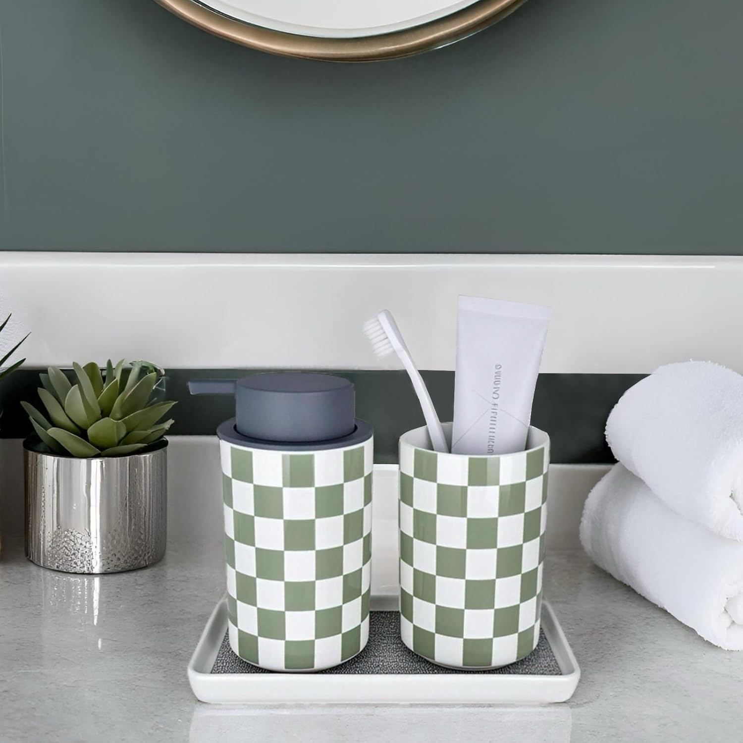 Bathroom Toothbrush Holder Set, Ceramic Soap Dispenser and Tooth Brush Holder Set, Modern Bathroom Accessories Sets Countertop, Checkered Bathroom Decor, Sage Green Bathrooms Decorative