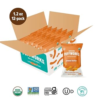 Puffworks Original Organic Peanut Butter Puffs, Plant-Based Protein, Healthy Kid's Snack, Gluten- and Rice-Free, Vegan, No Added Sugar, 1.2 Ounce (Pack of 12)
