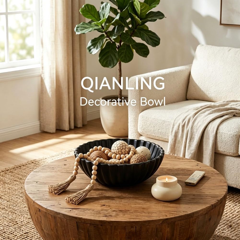 QIANLING Resin Large Black Decorative Bowl for Home Decor - Black Ruffle Fruit Bowl for Kitchen Counter Entryway or Coffee Table or Table Decor - Centerpiece Bowls for Keys, Fruit, Candy
