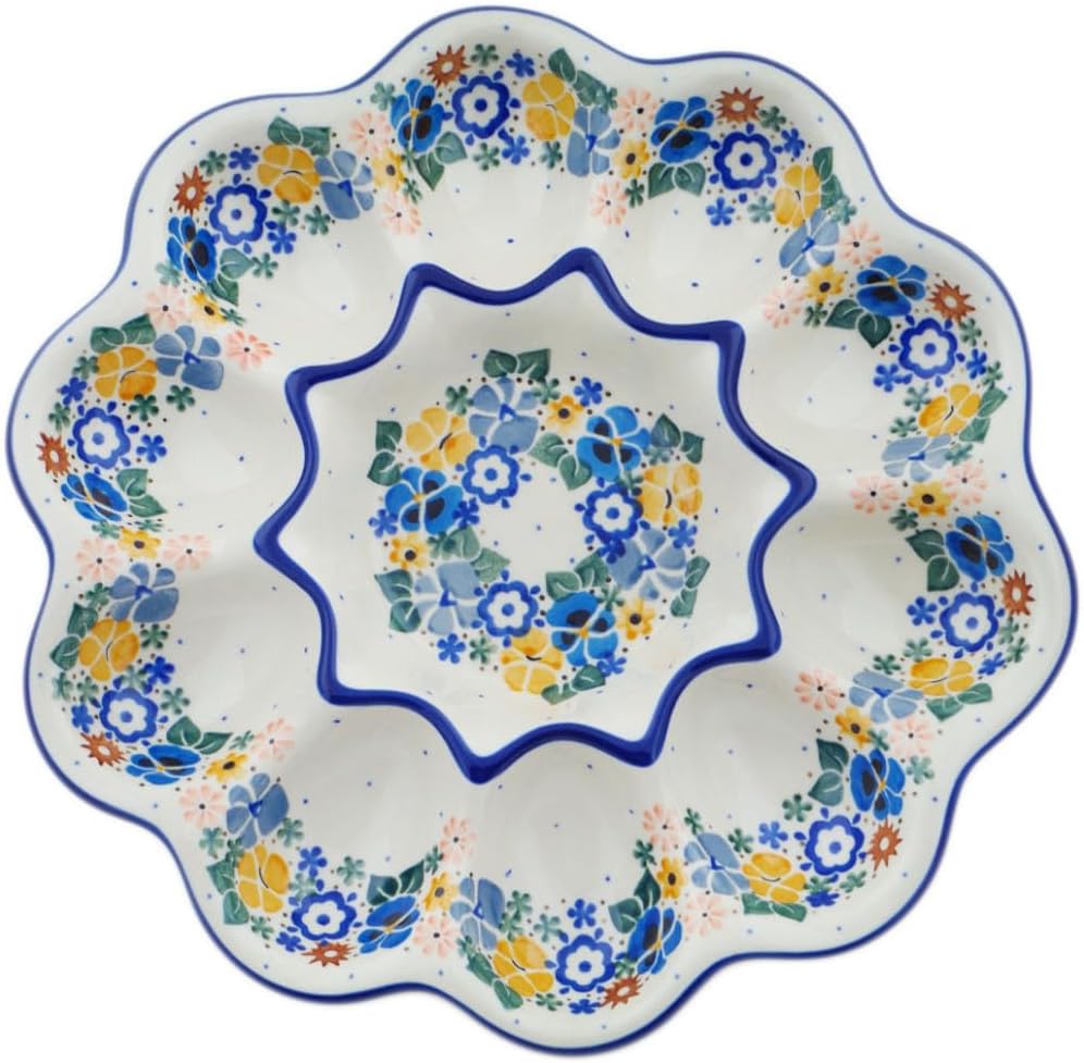 Polmedia Polish Pottery Egg Plate UNIKAT - Pansy Wreath Pattern Handmade in Boleslawiec Poland by Ceramika Artystyczna + Certificate of Authenticity
