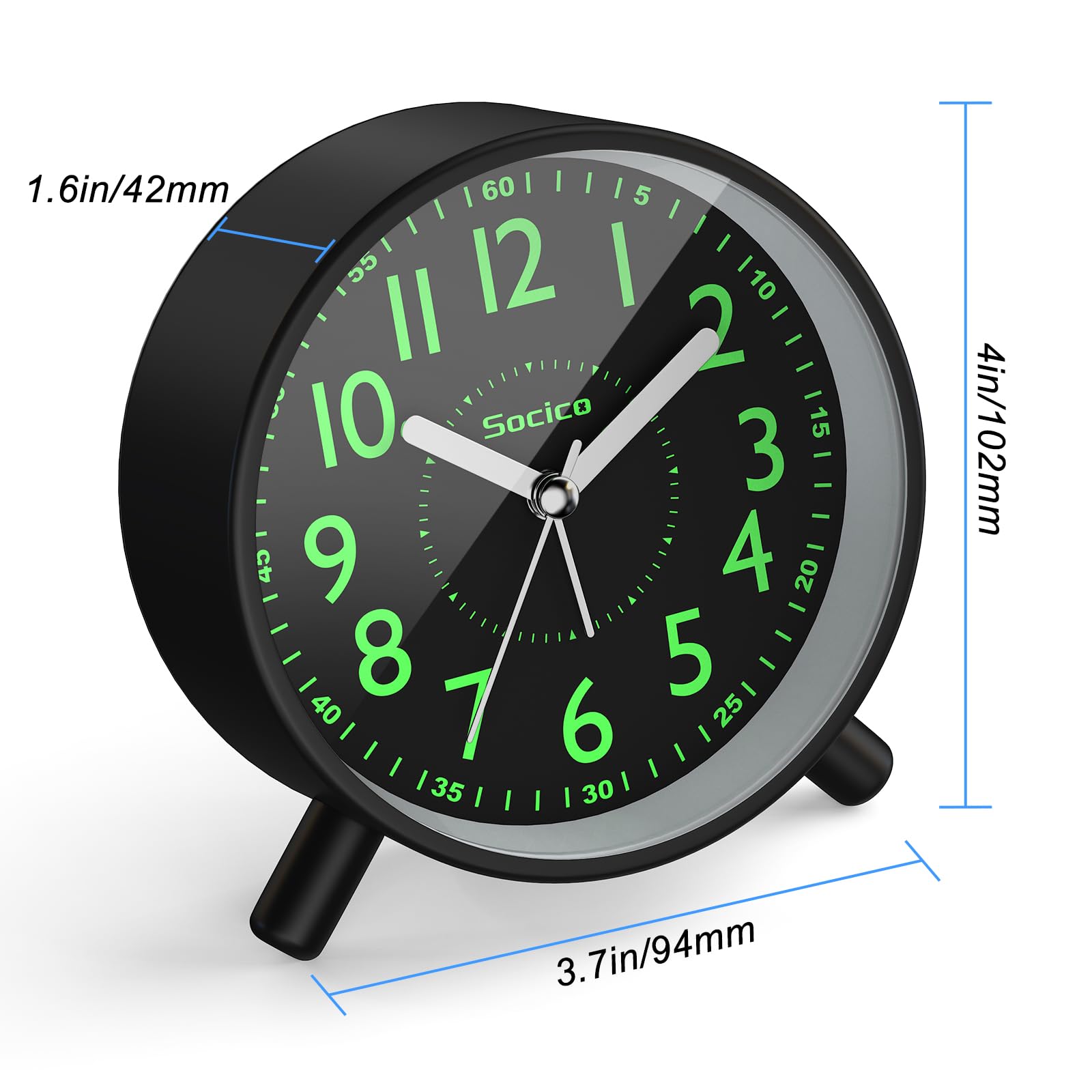 SOCICO Réveil Analogique Horloge de Chevet Rétro Ronde Métal Piles Veilleuse Fonction Snooze Noir