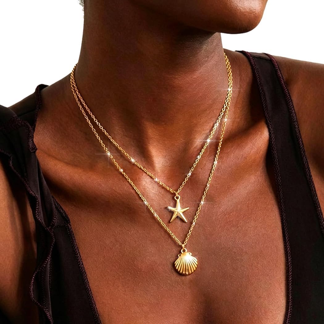 Tgirls Boho Silver/Gold Layered Necklace for Women Starfish Conch Shell Pendant Beach Jewelry
