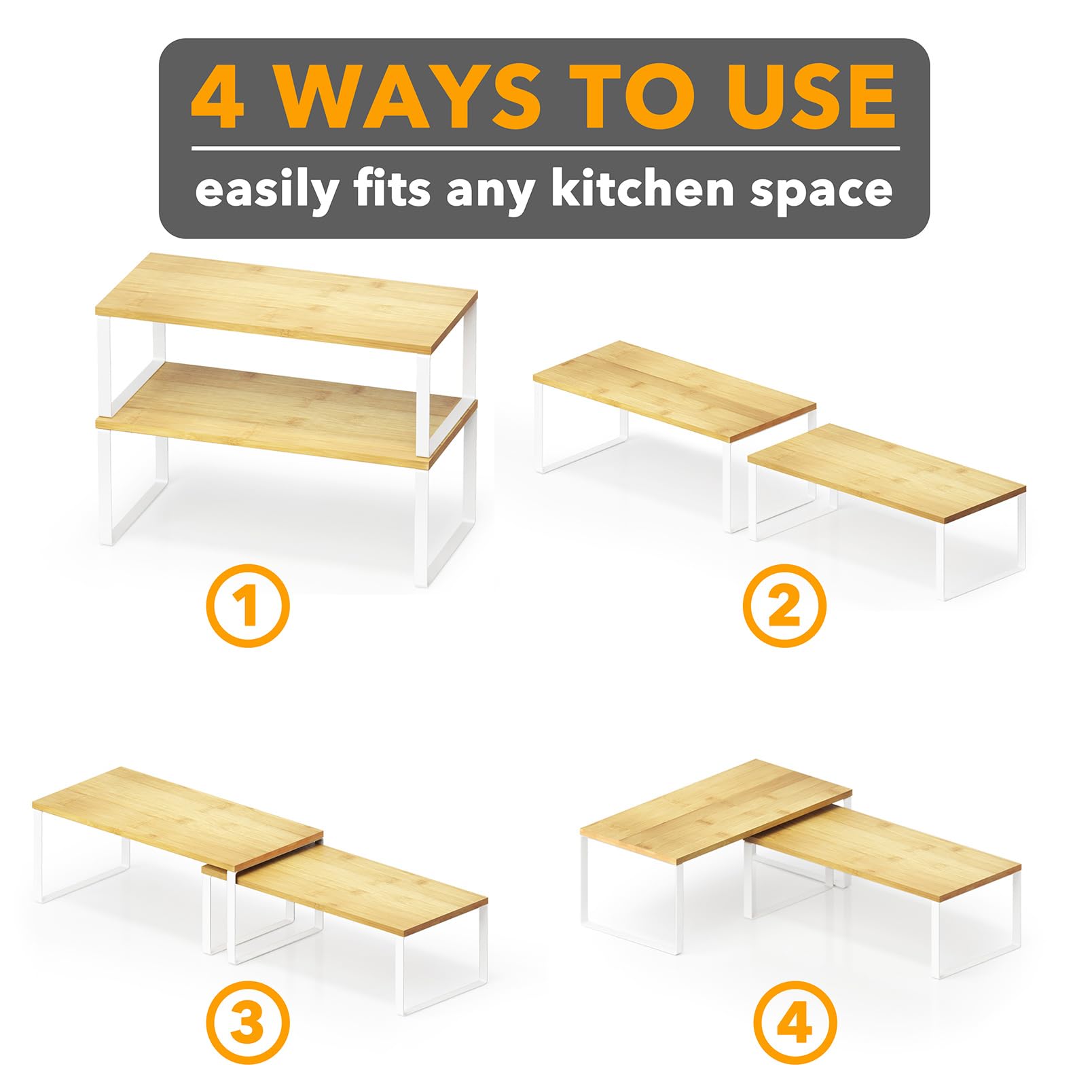 SpaceAid Organizador de estante de gabinete, 2 unidades, estante elevador de estantes de cocina, estante apilable expandible para especias, organizador de almacenamiento de armario de despensa (bambú