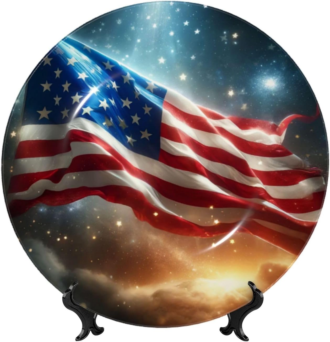 American-Flag-Sparkling-Light 10 Inch Decorative Plate With Stand, Elegant Display Wall Plate For Home Decor