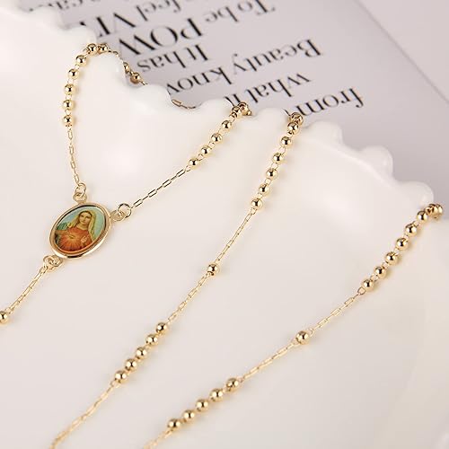 Miniatura 3 de HZMAN Gold Plated Dainty Choker Necklace Y-Shape Necklace Rosary Bead St. BenedictVirgin of Guadalupe Cross Pendant Adjustable Necklace for Women