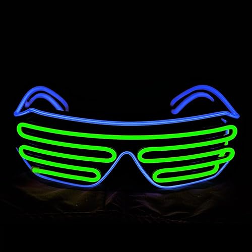 Miniatura 2 de PINFOX Shutter El Wire - Lentes de sol LED intermitentes con luz LED para los años 80, EDM, fiesta RB03 (azul + verde claro)