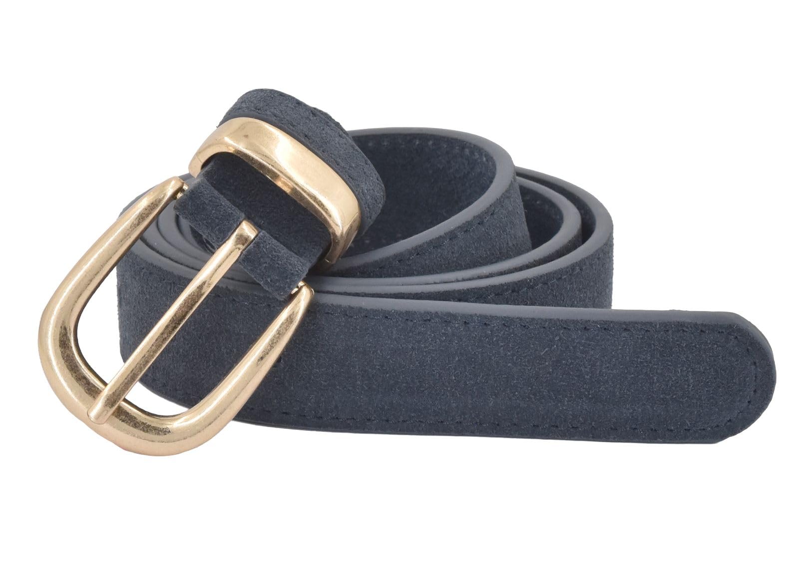 Stylebreaker Women's Denim Blue Genuine Leather Belt 3 Cm | Soft Cowhide With Velour Finish | Elegant Antique Gold Buckle | Vintage Suede Look For Jeans & Dresses | Adjustable, Size:90cm