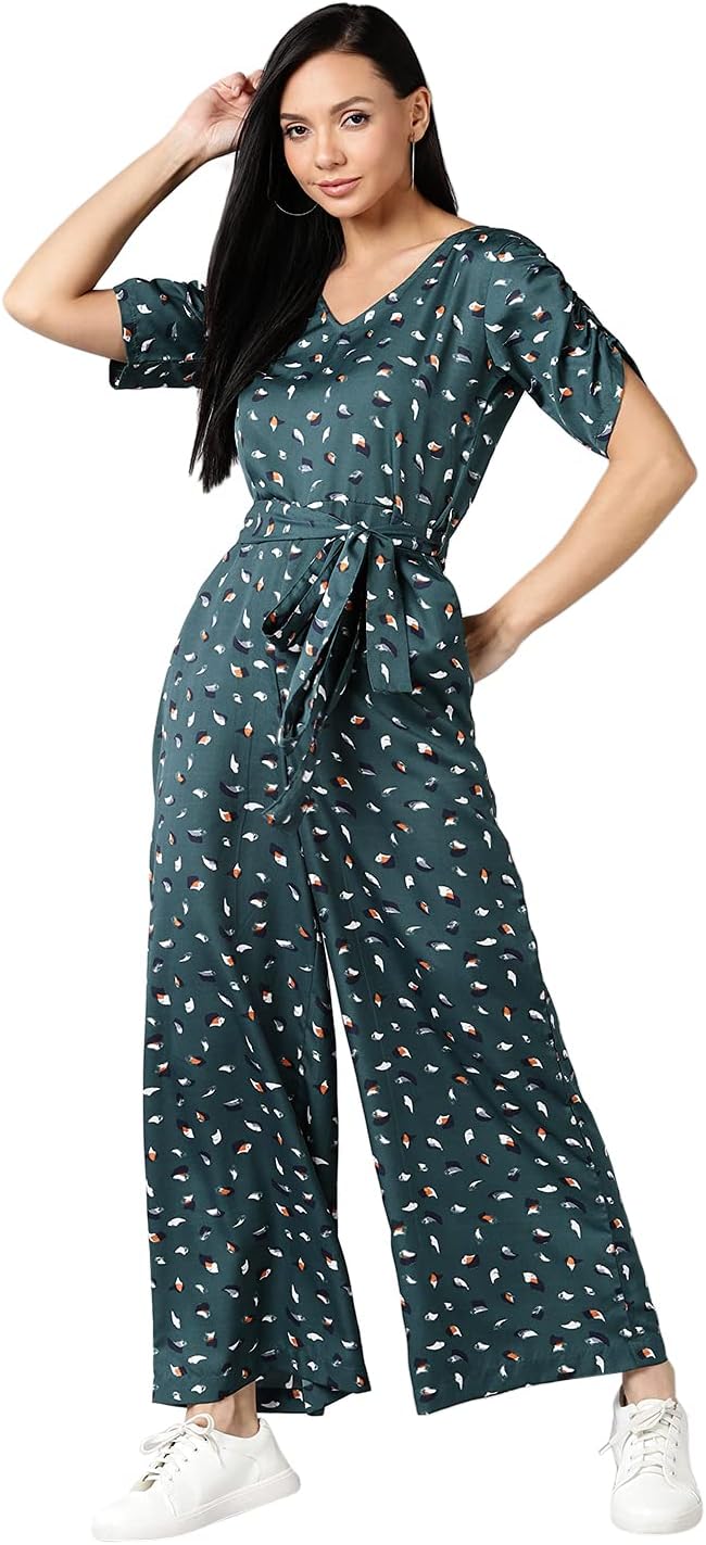 SereinWomen's Jumpsuit (Green Printed Crepe Jumpsuit with Ruched Sleeve & V-Neck)