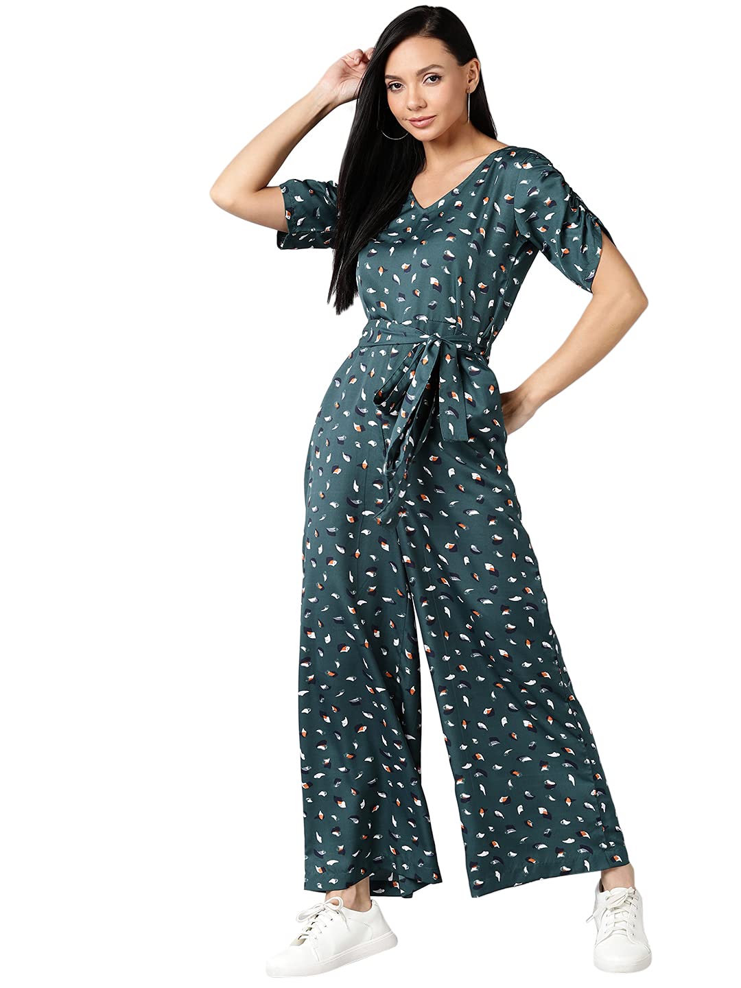 SereinWomen's Jumpsuit (Green Printed Crepe Jumpsuit with Ruched Sleeve & V-Neck)