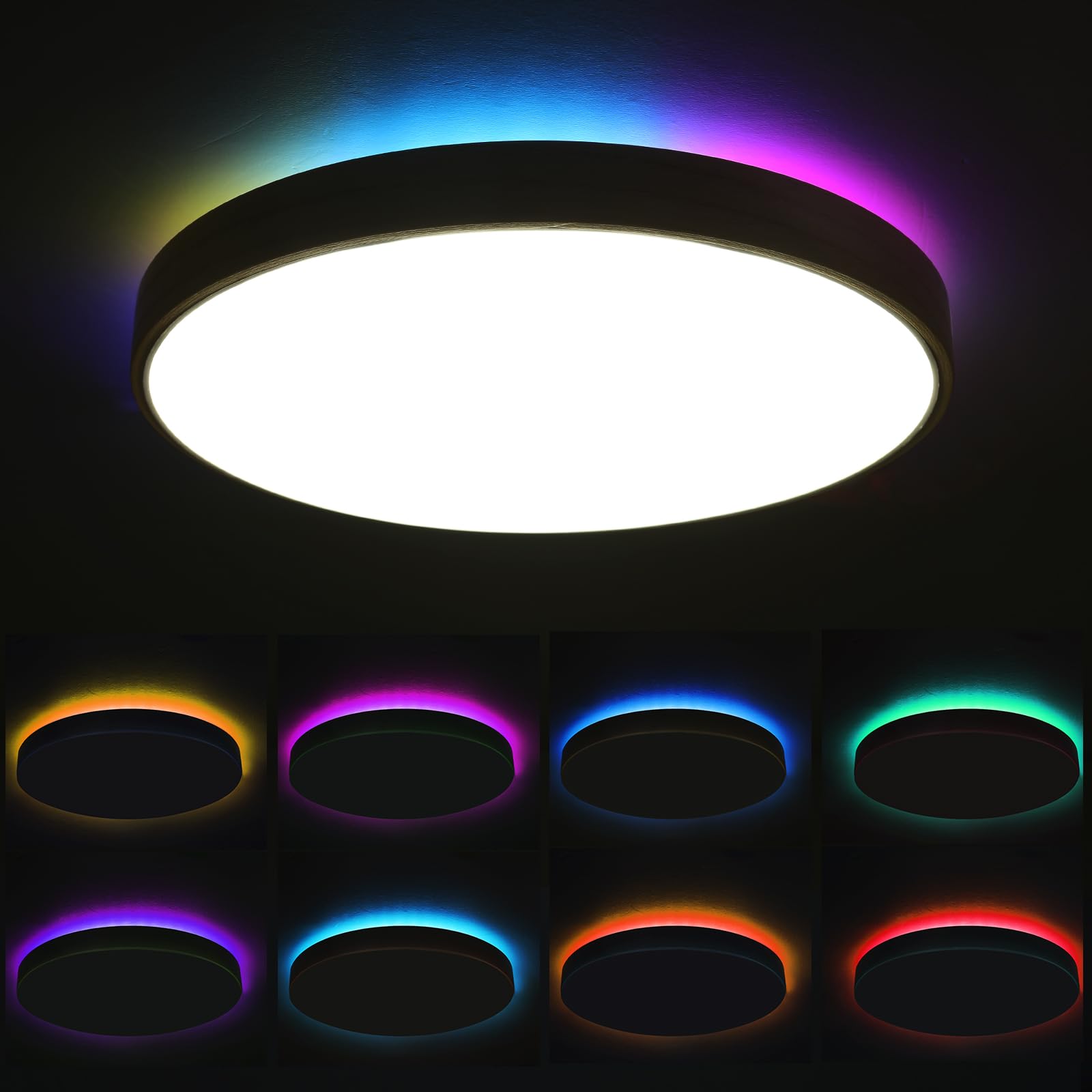 Plafoniera LED Smart WIFI, Luce LED Dimmerabile con Alexa Google Home, Plafoniera da 12 Pollici 28W RGB a Colori Variabili con Telecomando, Luce in Legno Naturale per Camera da Letto