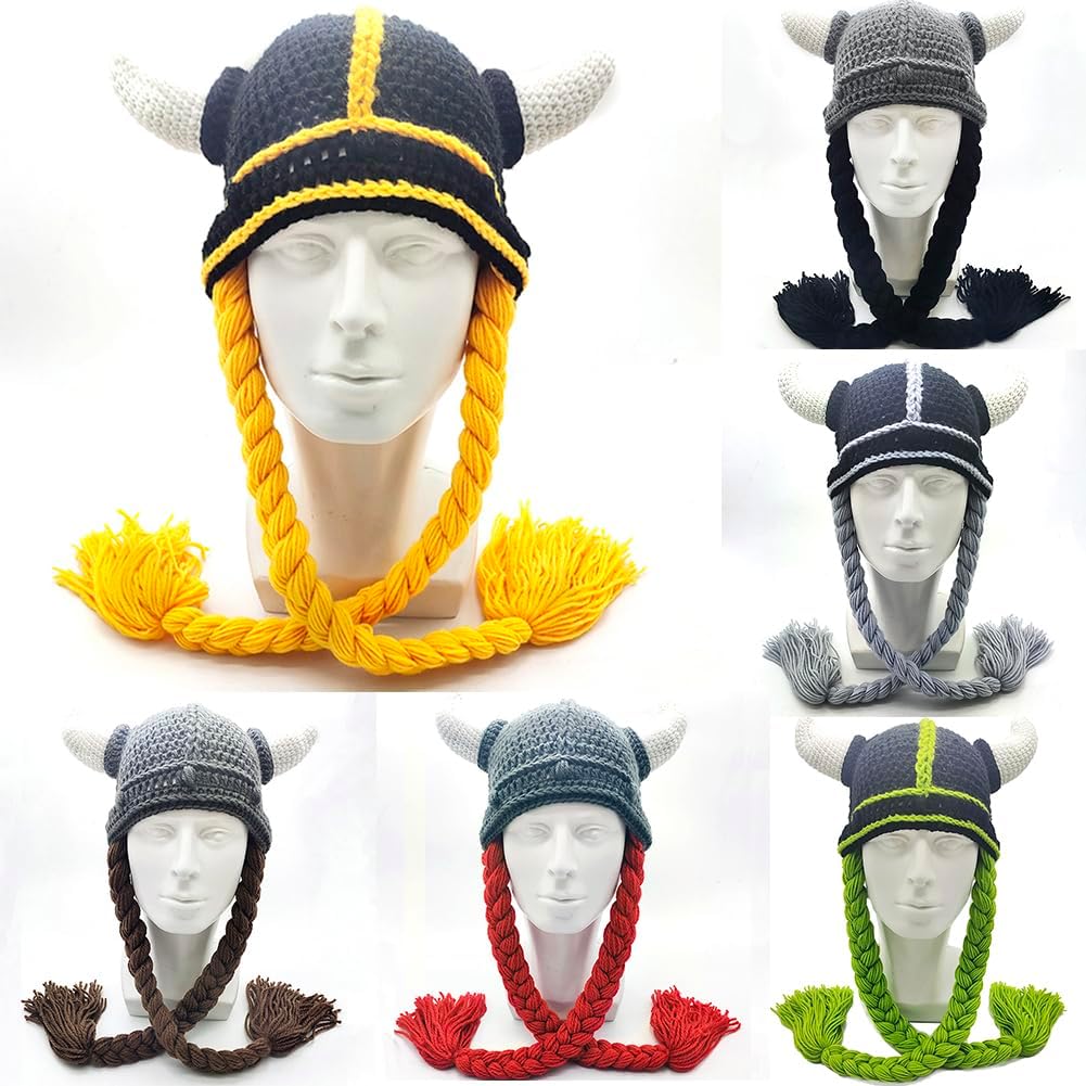 Knitted Viking Hat with Horns and Braids Funny Hats For Women Men Adult Viking Helmet Costume