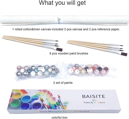 Miniatura 6 de Baisite 6566 Pintura por números, para adulto, principiante, niño, 12 pulgadas de ancho x 16 pulgadas de largo, 2 lienzos, 8 pinceles de madera,