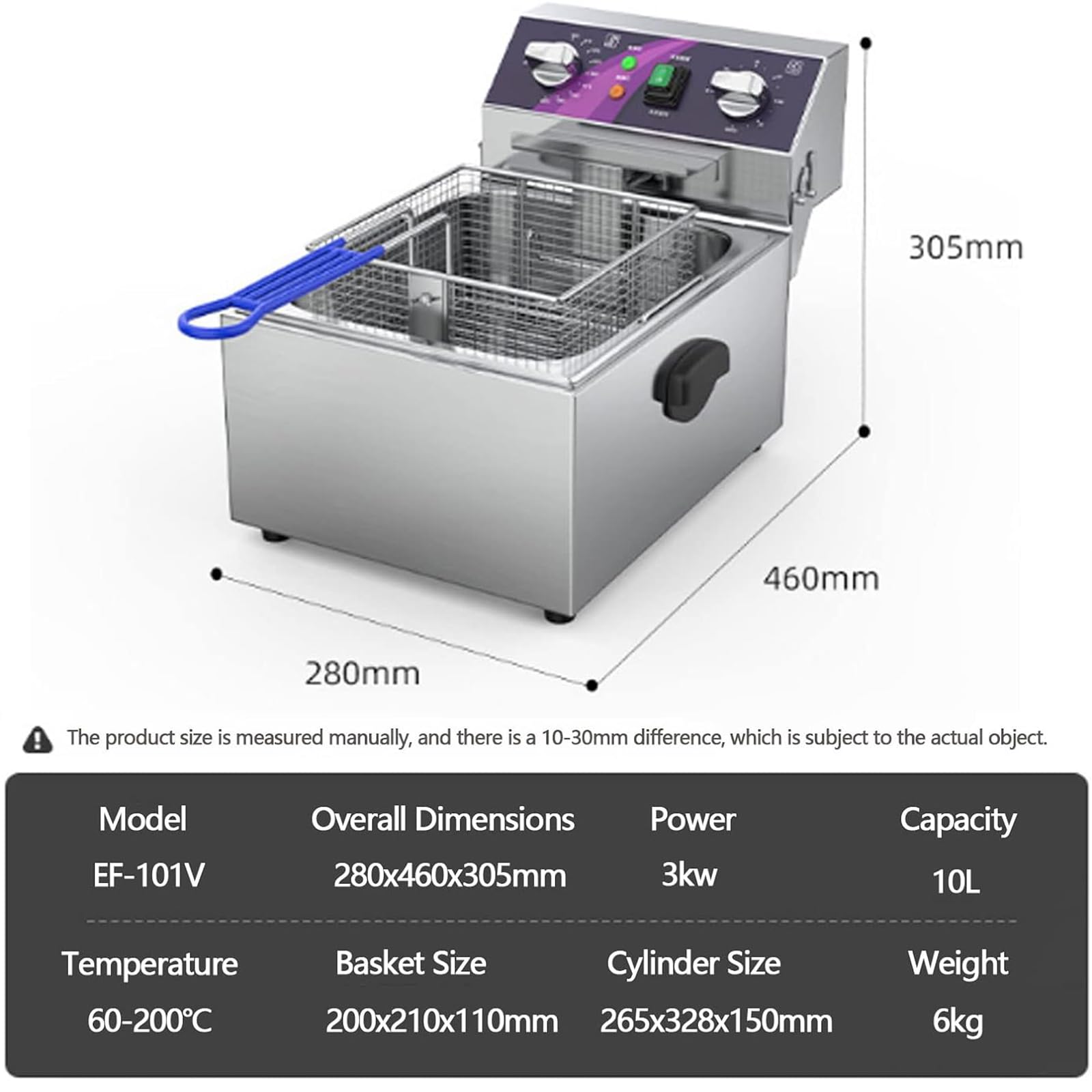 Friggitrice elettrica con cestello, Friggitrice in Acciaio Inox, Friggitrice elettrica da banco in Acciaio Inossidabile W/Cestello per friggitrice,Single Tank