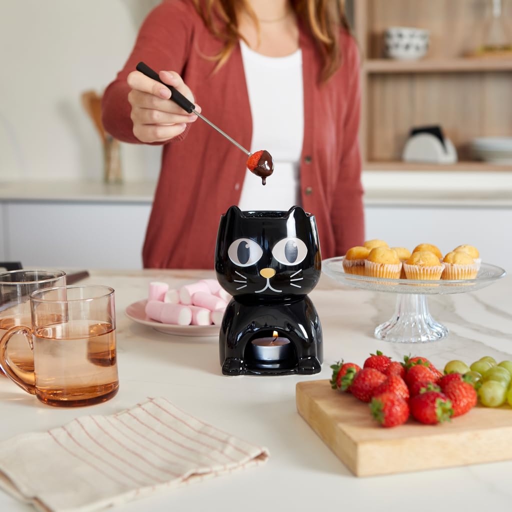 Balvi Fondue Wake Cat Color Negro Termosensible, el Gato Abre los Ojos Cuando se calienta Cerámica