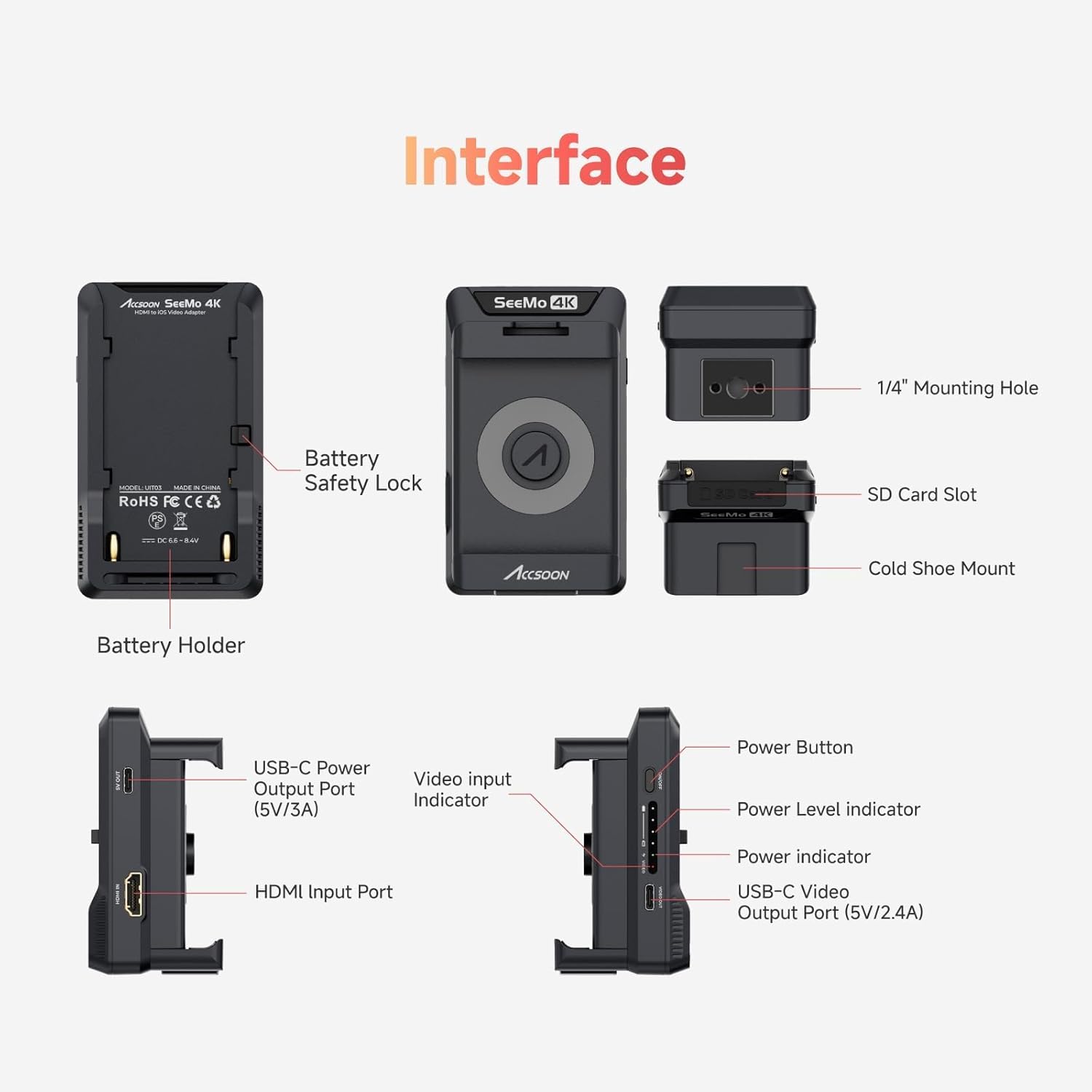 Accsoon SeeMo 4K HDMI Video Transmission for iPhone 17/16/15/14/13 iPad, 4K30/1080p60 Video Camera Transmitter Monitor, Real-time Livestreaming/Recording/Sharing, SD Card Reader-SeeMo 4K for iOS