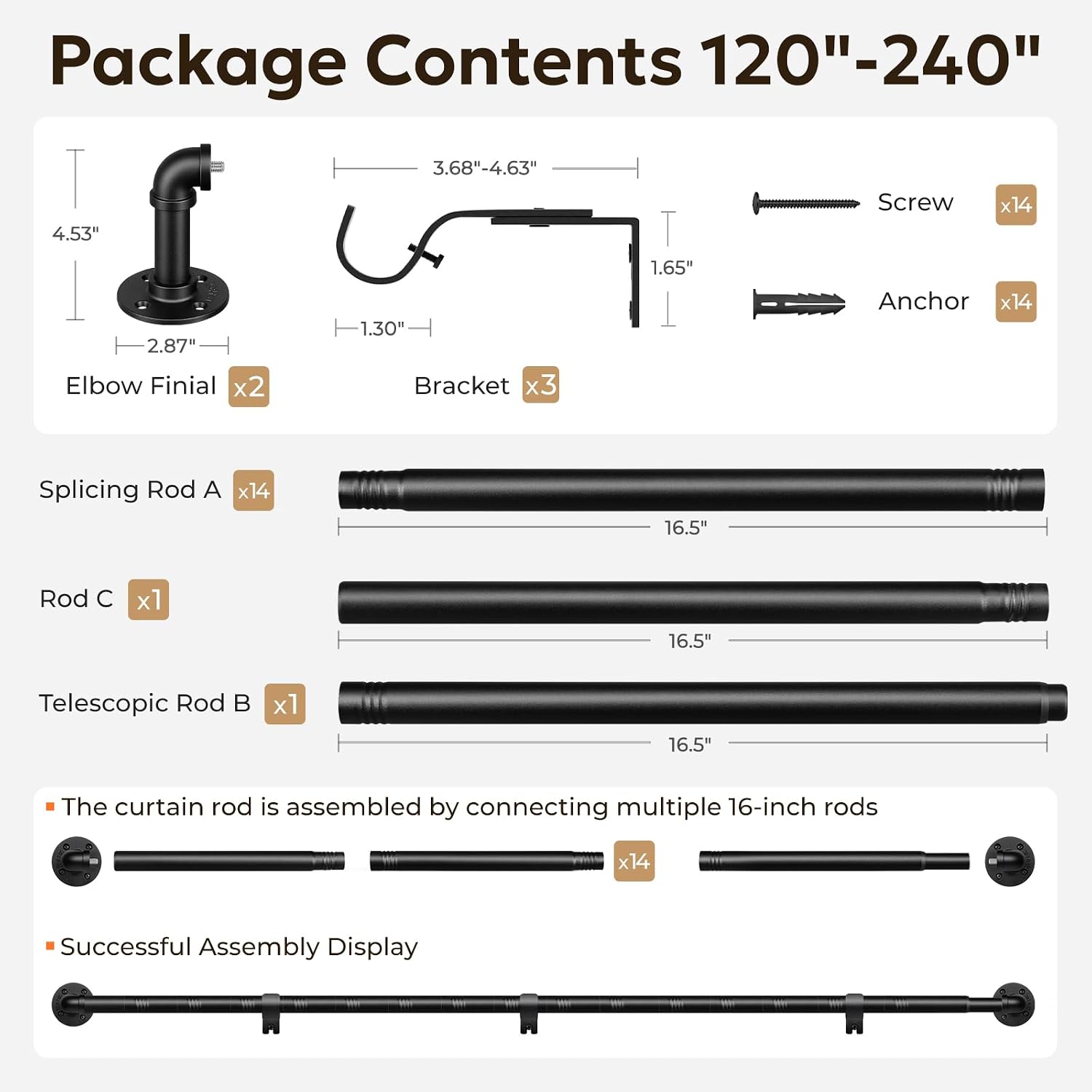 Zeerobee Curtain Rods 120-240 Inch, 1 Inch Industrial Black Curtain Rod