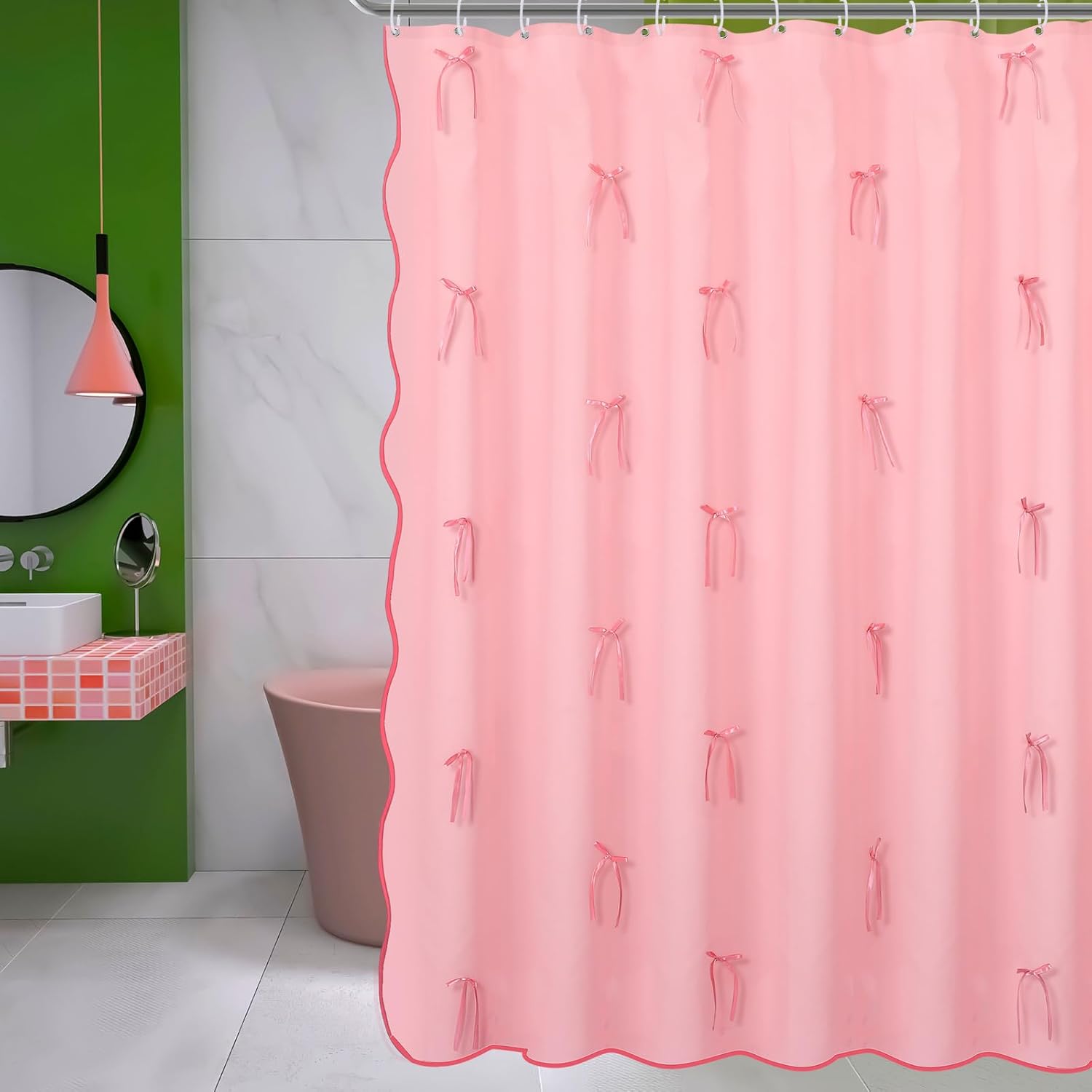 SmoothNovelty Pink Shower Curtain with Bow Bathroom Decor Cute Scalloped Bath Curtain Bowknot Waterproof Aesthetic Bathroom Decor for Valentine's Day Women Girls