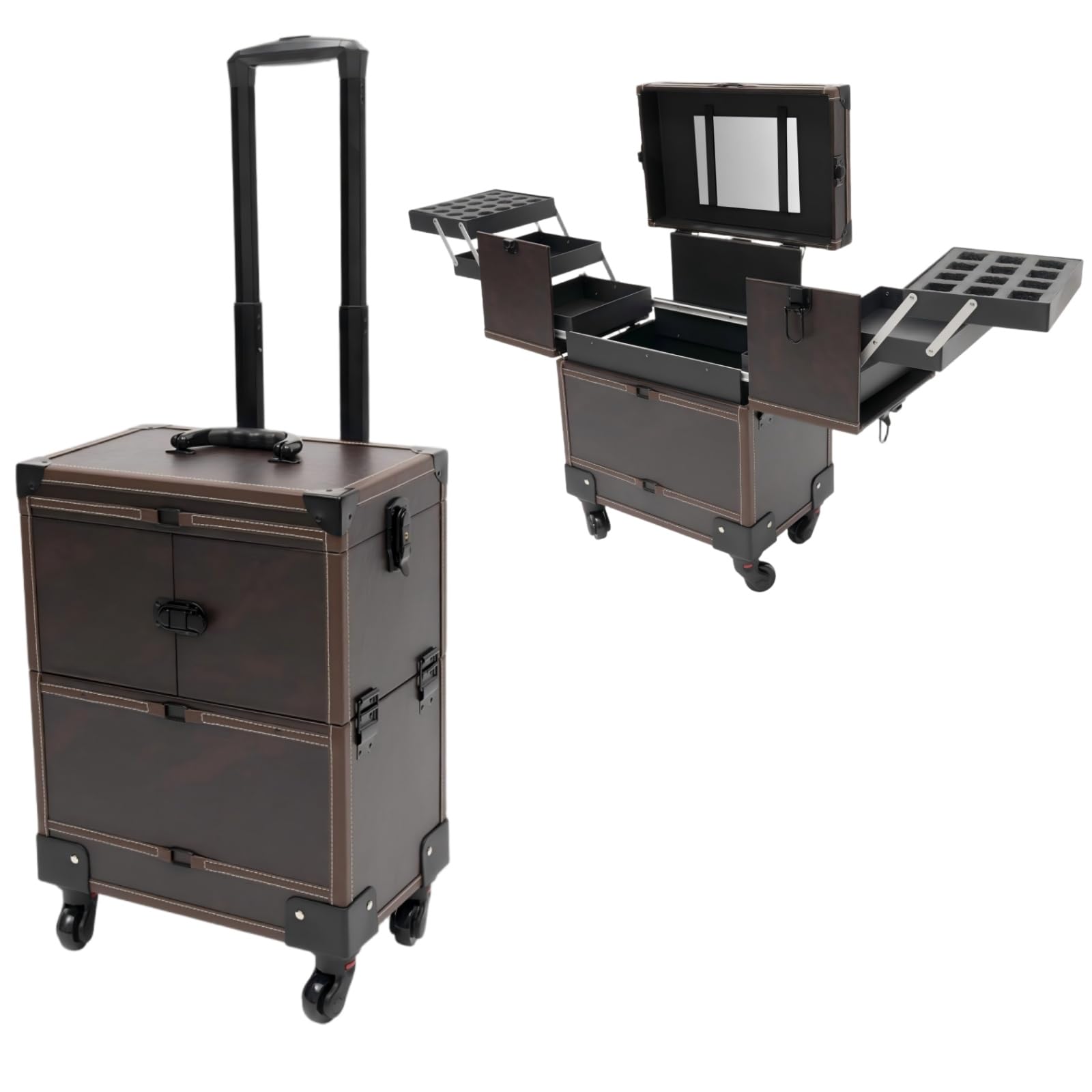 Kosmetikkoffer Trolley PU 2 Stock Make-up Rollkoffer mit 360° drehbaren Rollen & Spiegel & Schlüssel Abschließbarer Professioneller Kosmetikkoffer (Kaffeebraun)