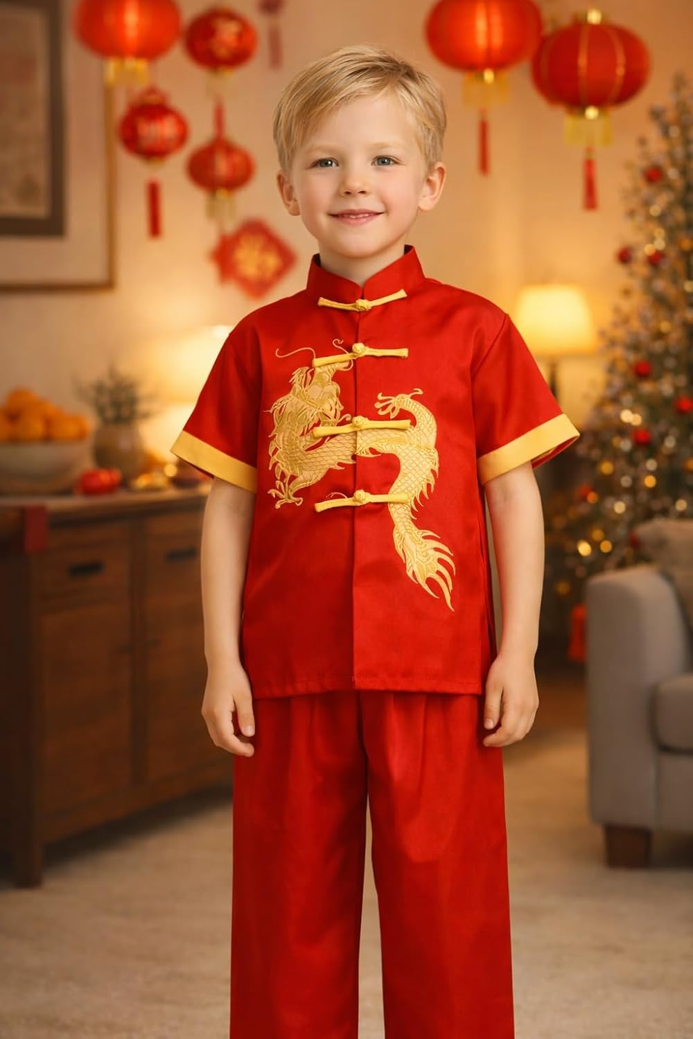 Lazutom Boys Chinese Tang Suit Dragon Embroidered Outfit Set for Lunar New Year, Cultural Festival & School Performance