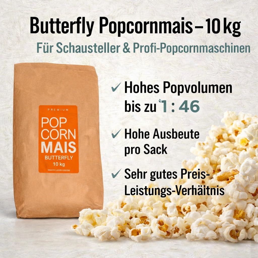 Premium Butterfly Mais der Klassiker des Popcorn Mais Kinopopcorn 10 Kg Sack XXL 1:46 Popvolumen