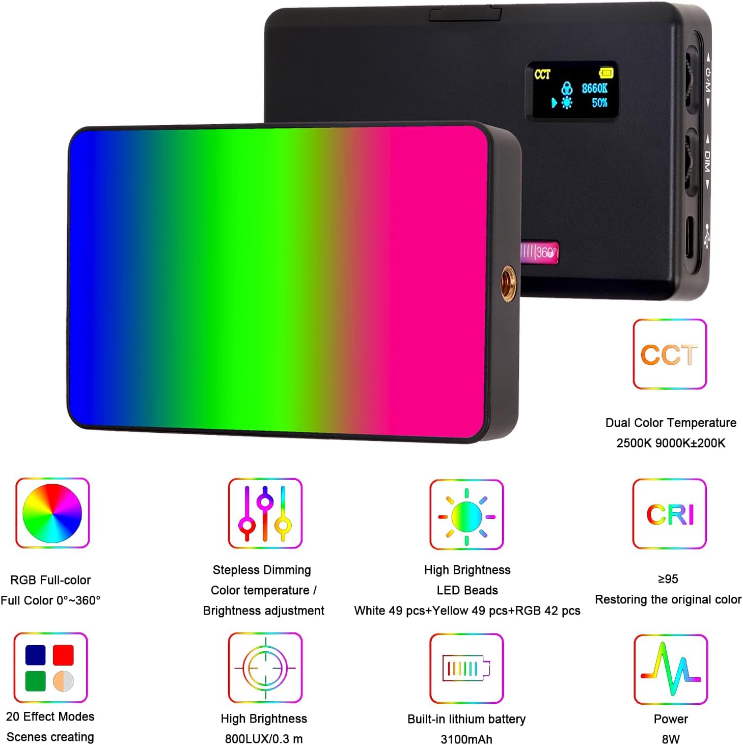 Foto4easy 140 RGB Video Light LED DSLR Camera Light for YouTube, TikTok, Vlog, CRI 95+, 2500K-9000K,Built-in 3000mAh Rechargeable