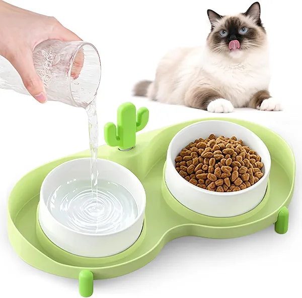 Ceramic Cat Food Bowl, Silicone Can Opener and 15° Raised Cat Bowls, No-Spilling Cats Food and Water Bowls for Cats and Small Dog, Anti Vomitting, Whisker Friendly and Dishwasher Safe - Green