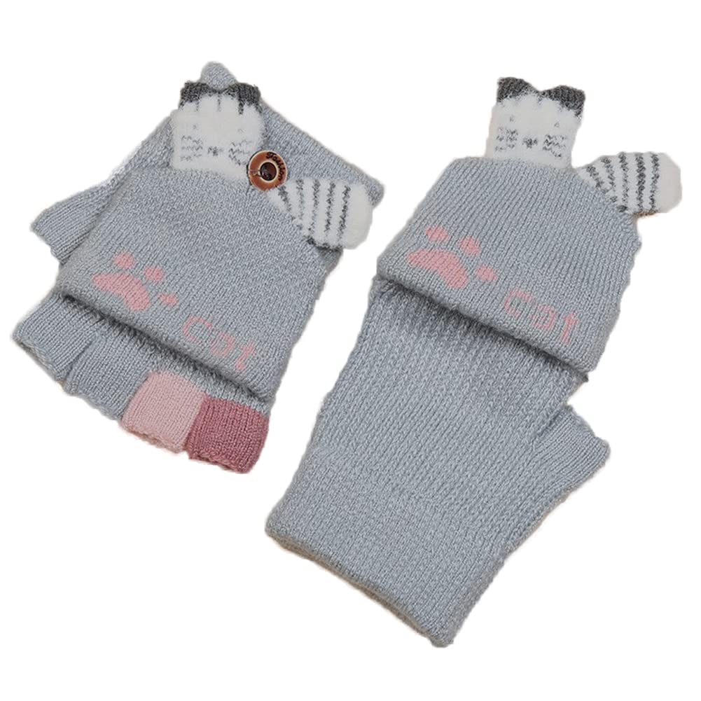 BXT Kids Convertible Fingerless Gloves, Cute Animals Winter Warm Knitted Glove with Mitten Cover Cover(Gray Cat)