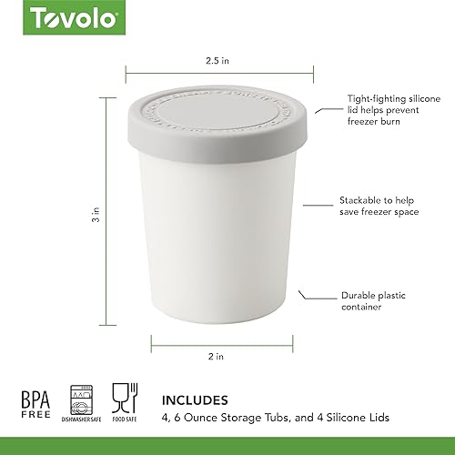 Miniatura 6 de Tovolo 6 onzas, juego de 3, tapa de silicona ajustada, contenedor de helado reutilizable fácil de apilar, mini tinas de dulces, blanco, gris ostra y