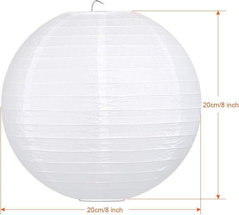 QIXINHANG Abajur rotund alb din hârtie, stil clasic cu nervuri de bambus, decorațiune de 20 cm (8 inch) pentru grădină, nuntă și evenimente